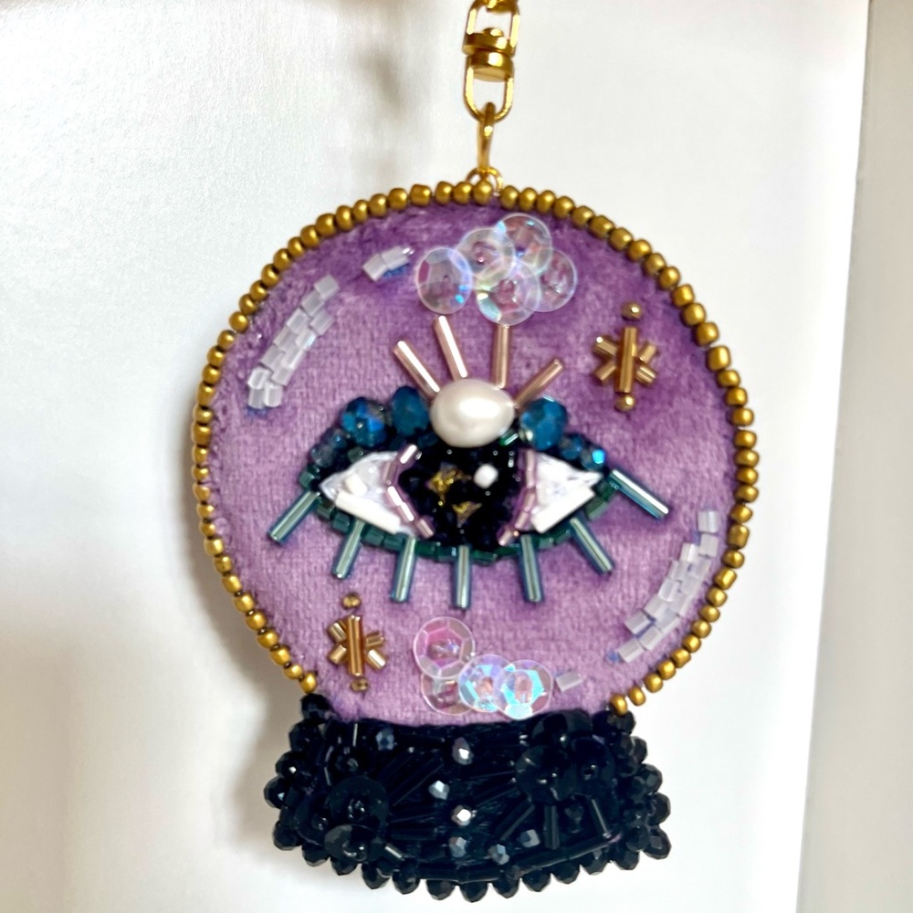 New Handmade embroidered and beaded crystal ball bag charm or keychain.